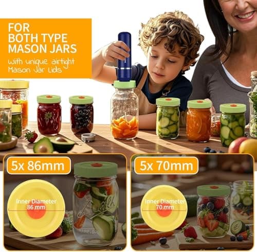 HSLGOVE Vacuum Sealer, Handheld Electric Mason Jar Vacuum Sealer Kit, Portable Food Sealer for Canning & Meal Storage, Includes 5 Reusable Bags, 10 Jar Lids & 2 Wine Sealers MatteBlue 3