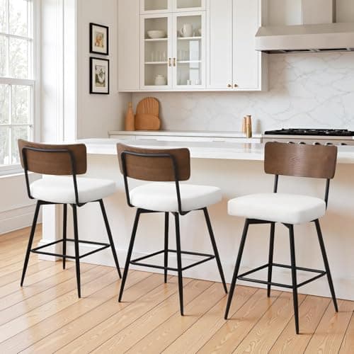 Bekrvio Counter Height Swivel Bar Stools Set of 3, Upholstered Faux Leather Barstools with Wood Backs and Metal Legs, 26" Seat Height Counter Bar Stool for Kitchen Island, White