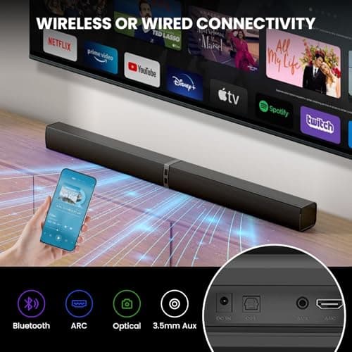 MZEIBO Sound Bar for Smart TV，80W Detachable Bluetooth Soundbar with Powerful Bass, 2-in-1 Home Theater Audio System, ARC/Optical/AUX Connectivity for TV/PC/Laptop/Game Console 7