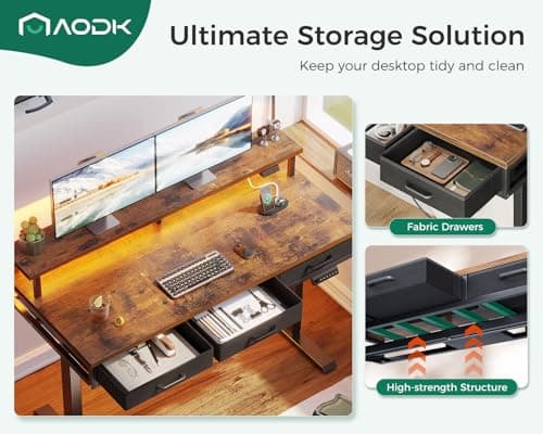 AODK Electric Standing Desk with Drawers, 47 Inch Height Adjustable Small Gaming Desk with Power Outlets & LED Lights, Sit Stand Table with Monitor Stand for Home, Office, Workstation, Rustic Brown 6