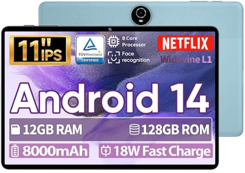 JIKOCXN 11'' Android 14 Tablet for Streaming & Work, 12GB+128GB, 1TB Expandable, Widevine L1 Certified, 8-Core Unisoc T606, 5G WiFi, 8000mAh Fast-Charge Battery, Face Unlock (Blue)