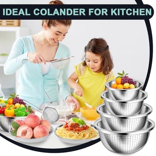 ATPWONZ 4+3 Stainless Steel Colander Set, 4 Sizes (1.8 qt, 2.3 qt, 3 qt, 4 qt) with 1 Mesh Strainer + 2 10-inch Stainless Steel Round Plates, for Washing Rice, Fruits, Vegetables, Draining Pasta, Meat 8