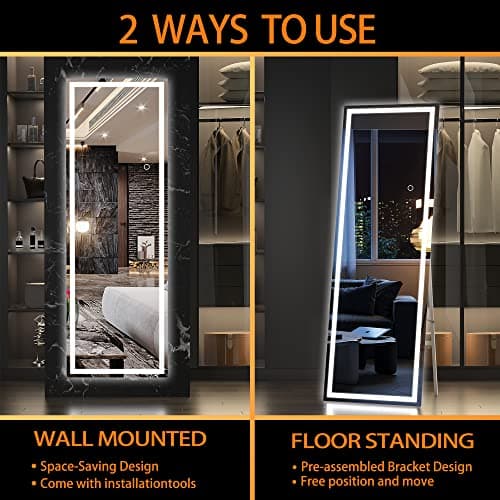 Hasipu Full Length Mirror with Lights, 65" x 21.7" LED Floor Mirror, Full Body Dressing Standing, Hanging Mounted Mirror for Living Room Bedroom Cloakroom, Square White 5