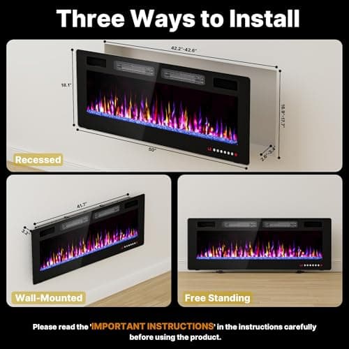 BREEZEHEAT 50 Inch Electric Fireplace Ultra Thin-Freestanding or Recessed Wall Mounted Fireplace Heater, Remote Control, Touch Screen, 750W/1500W, 8H Timer for Living Room, Bedroom, Office 7