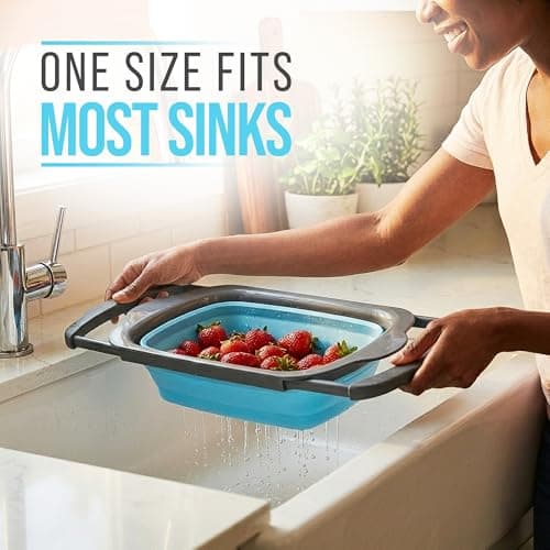 Comfify XL Large Kitchen Strainer - Collapsible Silicone Over - The-Sink Colander with Extendable Handles - Use with Pasta, Fruit, Berries & Veggie - 6 Quart - Blue 6
