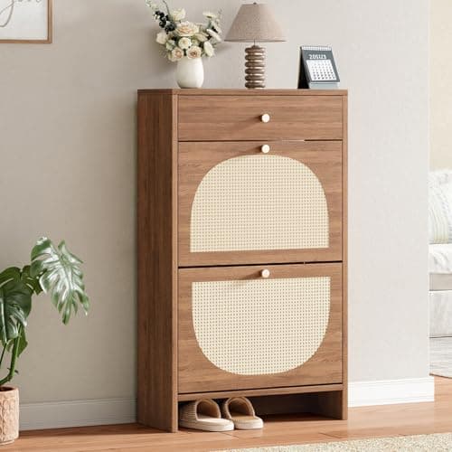 Nicetree Shoe Cabinet Storage for Entryway, Narrow Shoe Rack with 2 Flip Drawers and 1 Drawer, Freestanding Shoe Organizers with 3-Tier Adjustable Shelves for Hallway Foyer Rustic