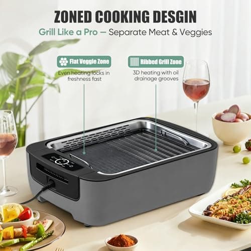 Amornest Smokeless Indoor Grill, Electric Indoor Grill for Korean BBQ with Dual-Turbo Smoke Extractor, LED Smart Display & Dual-Zone Nonstick Grill Plates, 6-Level Temp Control, Dishwasher Safe 6