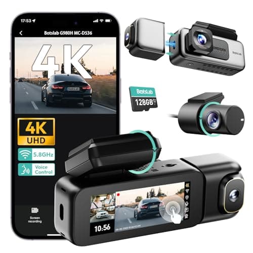 BOTSLAB 3 Channel Dash Cam 4K with 128GB Card, 3.18" Touch Screen, Voice Control, 4K Dash Cam Front and Rear Inside Loop Recording, 5.8GHz WiFi, GPS, Night Vision, WDR, Parking Mode
