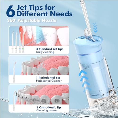Bezvoi Water Flosser Mini Cordless Portable: 5 Modes Travel Water Dental Floss with Telescopic Water Tank, IPX7 Waterproof Oral Irrigator for Teeth Cleaning Gums,Orthodontic,Braces Care (Sky Blue) 5