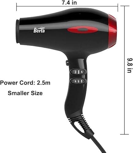 BERTA 1875W Professional Salon Hair Dryer Negative Ionic Blow Dryer, 2 Speed 3 Heat Settings Cool Button with AC Motor, Concentrator Nozzle & Diffuser & Comb 10