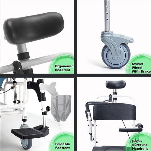 4-in-1 Bedside Commode Chair, Tilt 30°Shower Commode Wheelchair, Versatile with Headrest and Bucket, Adjustable Transport Rolling Chair for Elderly, Disabled, Adults 5