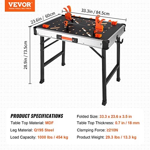 VEVOR Folding Work Table, 2-in-1 as Sawhorse & Workbench, 1000 lbs Load Capacity, Steel Legs, Portable Foldable Tool Stand with 2 Wood Clamps, 4 Bench Dogs, 3 Tool Boxes, 2 Hooks, Easy Garage Storage 7