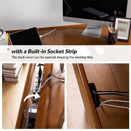 HULALA HOME Home Office Desk with 3 Drawers & Solid Wood Legs, Writing Table with Charging Station & Cable Management, Mid Century Modern Desk for Bedroom/Living Room/Study/Workstation, Walnut 7