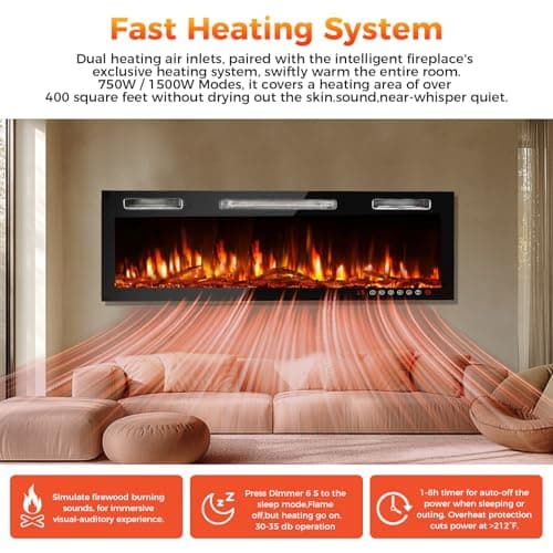 36"Electric Fireplace Smart Control, Crackling Wood Sound Fire Places Electric Fireplace Insert,144 Flame Effects Wall Fireplace Electric with Remote Control & Screen,Wall Fireplace Heater for 400 Sq 7