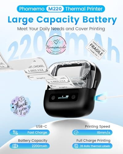 Phomemo Label Maker, M220 Thermal Label Printer, 80mm Portable Bluetooth Barcode Printer Compatible with Andriod/iOS for Home, Office, Small Business, with 3 Packs Label & Case 5