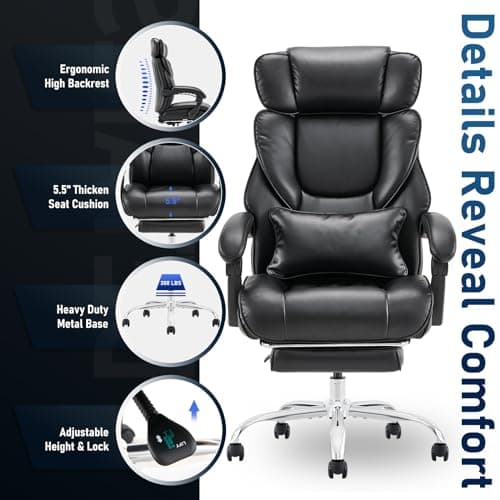 Office Chair with Footrest-Ergonomic Computer Chair with Extra Lumbar Support Pillow, High Back Executive Desk Chair Thick Bonded Leather, Large Home Office Work Chair with Wide Seat for Comfort-Black 6
