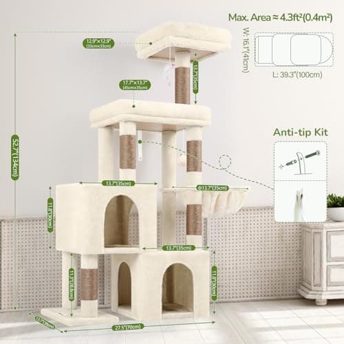 Globlazer Cat Tree Condo Tower for Multiple Indoor Cats, 52in Multi-Level Cat Scratching Tree with Cat Condos, 5 Sisal Scratching Posts, 2 Padded Perches, Big Haging Basket, Widened Base, S52, Beige 6