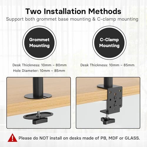 BONTEC Triple Monitor Desk Mount, Supports 13-32 Inch Screens, Full Motion Adjustability, VESA 75x75/100x100mm, Up to 22lbs per Arm, C Clamp and Grommet Mounting Options, Cable Management 8