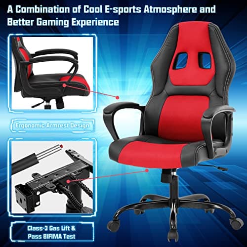 Gaming Chair PC Computer Chair Office Chair for Adult Teen Kids, Ergonomic PU Leather Gamer Chair with Lumbar Support High Back Adjustable Rolling Swivel Desk Chair, Red 7