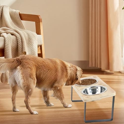 Elevated Cat Bowls 15° Tilted Raised Puppy Pet Food and Water Stainless Steel Bowl Pets Wood Stand Feeder with Pawprint Pattern, for Indoor Cats, Small Dog 6