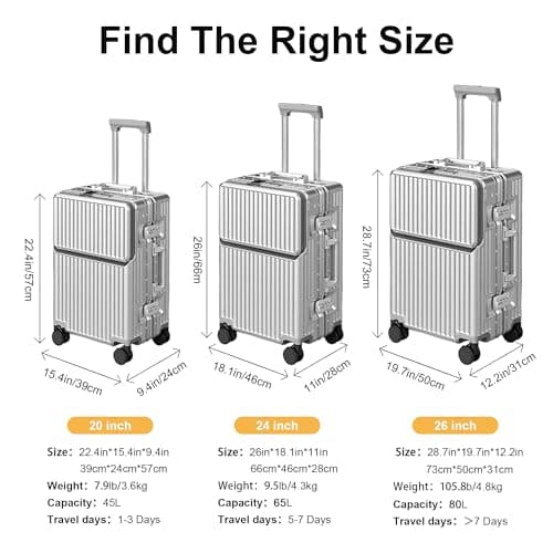 AIWEINY Zipperless Luggage, 22.4" x 15.4" x 9.4" Aviation Certified, Polycarbonate Aluminum Hardshell, Expandable Carry-On Luggage with Spinner Wheels, Hardshell Luggage, 20 Inch Cabin 7