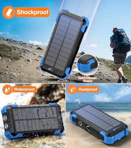 GOODaaa Portable Charger 42800mAh Built in 4 Cables and Thermometer 15W Fast Charging Power Bank Five Outputs Three Inputs Solar Charger Power Bank, SOS/Strobe/Strong Flashlights, Carabiner 7