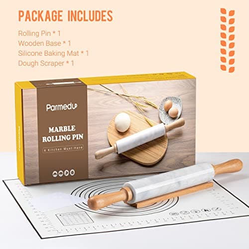PARMEDU Solid Marble Rolling Pin Set with Wooden Base, Silicone Baking Mat and Dough Scraper, 10-inch Roller White, Model BK003 5