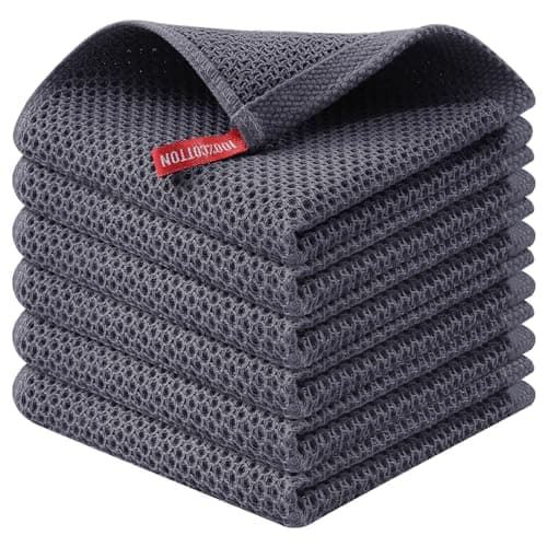 Kitinjoy 100% Cotton Kitchen Dish Cloths (12 X 12 Inches, Dark Grey), 6 Pack Waffle Weave Ultra Soft Absorbent Dish Towels for Drying Dishes Quick Drying Kitchen Towels Dish Rags