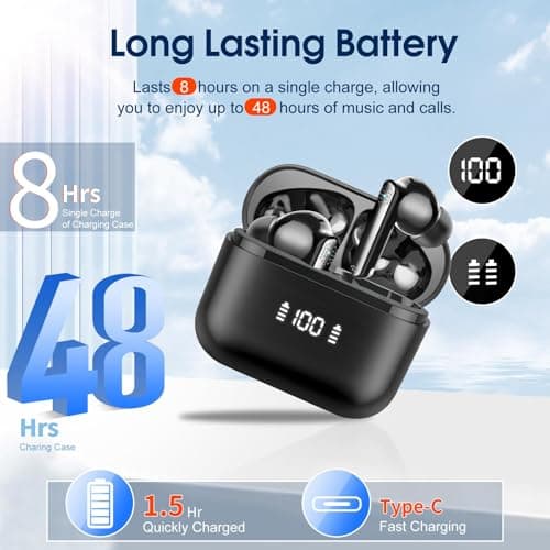 Wireless Earbuds, Bluetooth 5.3 Headphones Stereo Bass with Noise Cancelling Mic, 48Hrs Playtime in Ear Ear Buds with LED Power Display Charging Case, IPX7 Waterproof Earphones for Android iOS Sports 7