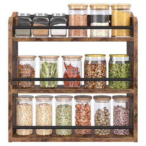 BCOZLUX Spice Rack Wall Mounted, Wood 3 Tier Spice Rack for Countertop, Vertical Spice Organizer for Spice Jars and Seasonings, Hanging Spice Shelf for Kitchen Cabinet, or Pantry, Rustic Brown