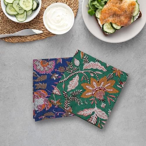 Marubhumi 10 Pc Cotton Cloth Napkins- Hand Block Print, Eco-Friendly, Dinner Napkins, Floral,Hand Made Size 16x16 Inch Printed Home Decor Multicolored 6
