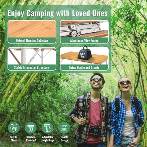 KingCamp Bamboo Folding Table, Camping Outdoor Portable Camp Table with Adjustable Height legs & Carry Bag for Outdoor RV Backyard Picnic Tailgating Beach 5