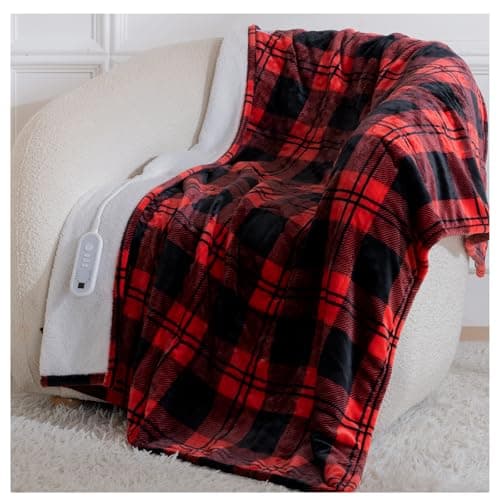 Heated Blanket Electric Throw, Heating Throw with 8 Fast Heating Levels/8 Hours Auto Off, Red Black Plaid Checkered Sherpa Blanket Warmer for Adults, Washable Blanket Gift for Couch Bed (50x60 inches)