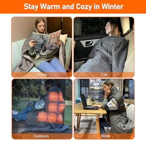 FlyfreeU Portable USB Heated Blanket, 3 Heat Settings Wearable Heated Blanket Throw 3 Hrs Auto Off, Overheat Protection Soft USB Heating Blanket Wrap Machine Washable, Grey (Power Supply Not Included) 7