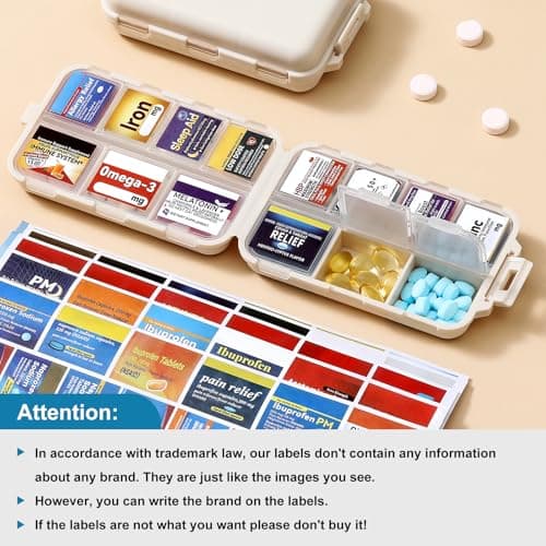 14 Grids Travel Pill Organizer Box with 415-Pcs Medicine Name Labels - Pocket Daily Pharmacy Case Container Kit - Travel Medication Holder Dispenser for Fish Oil Vitamin Supplement Storage - Khaki 4