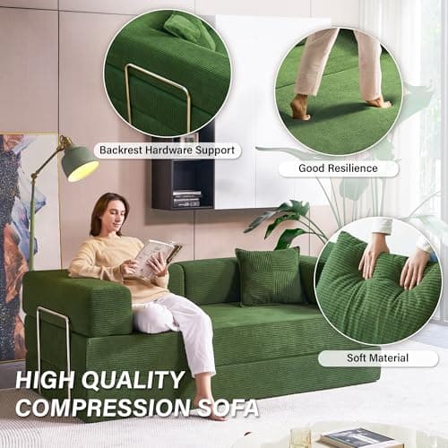 MOEYURO Compression Sofa - 78''Convertible Floor Sofa Bed - with Pillow Back Support Armrest - Comfy Foldable Sofa Bed Compressed Sofa in Box - Corduroy Fabric - for Living Room Bedroom (Green) 7