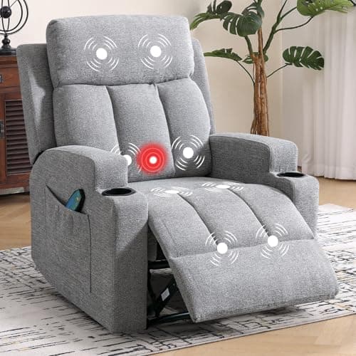 Phoenix Home Manual Recliner Chair with Massage and Heat Ergonomic Overstuffed Breathable Fabric Reclining Chair with 2 Side Pockets, 2 Cup Holders, Remote Control, Living Room, Bedroom, Gray 8