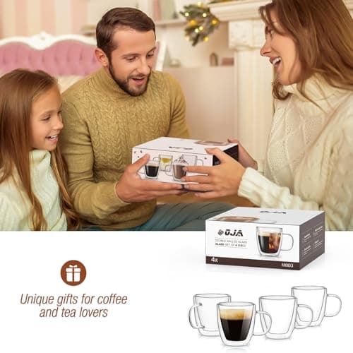 Espresso Cups Set of 4, Double Wall Hand Blown 5.5OZ Espresso Shots Glass, Coffee Mugs with Handle Perfect for Cappuccino, Latte, Tea 6