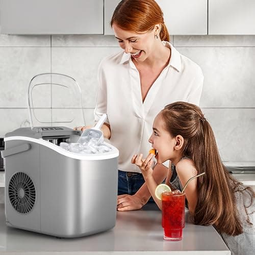 Portable Countertop Ice Maker Machine with Handle, 9 Bullet-Shaped Ice Cubes Ready in 6 Mins, 26Lbs/24H, Self-Cleaning Function with Ice Scoop and Basket for Home/Kitchen/Party (Grey) 7
