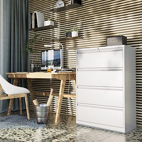 YITAHOME 4 Drawer Metal Lateral Filing Cabinet, Stainless Steel Wide Lateral File Cabinet with Lock for Legal/Letter A4 Size, Assembly Required, Office Organizer Storage Cabinet, White 3