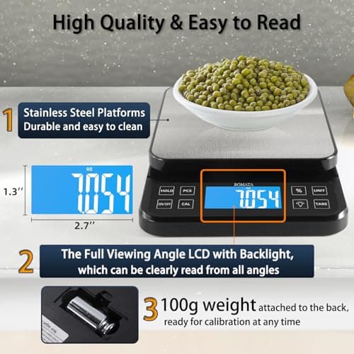 BOMATA Large Kitchen Scale with 0.1g/0.001oz High Precision, 5kg/11lb Bakery Scale with% Percentage Function, USB Rechargeable, Full-View Angle LCD with Backlight, Stainless Steel Pan 6