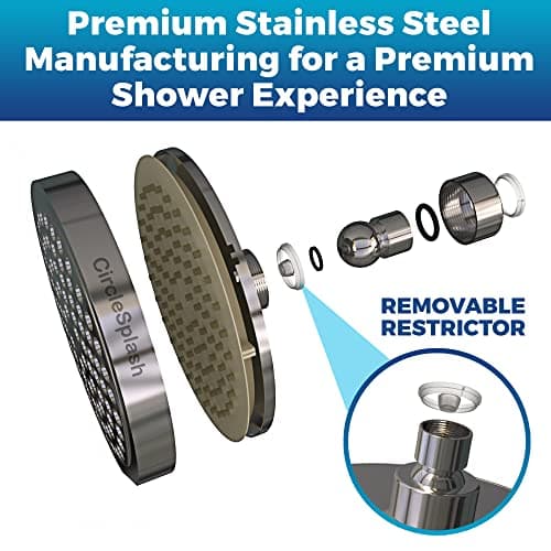 High Pressure Shower Head - Anti-Clogging Silicone Nozzles - 2.5 GPM Removable Restrictor - Easy to Clean Adjustable Replacement - easy to install with Plumbers Tape - 6 inch - Classic Chrome Finish 5