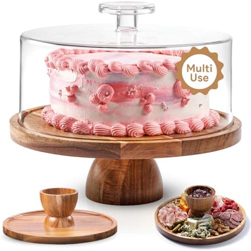 HOMESPHERE Acacia Wood Cake Stand with Lid - Multifunctional 12 In Round Cake Holder, Dessert Table Display Set & Charcuterie Board for Cheese, Chips, Fruit Platter, Acrylic Cake Dome Cover, No Glass