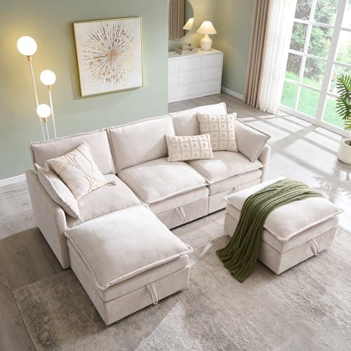 85.83" Sectional Couches for Living Room, Cloud Couch Sectional with Large Storage Ottoman, U-Shape Modular Sectional Sofa with 5 Seater Chenille Sofa and Pillow for Apartment, Bedroom, Beige