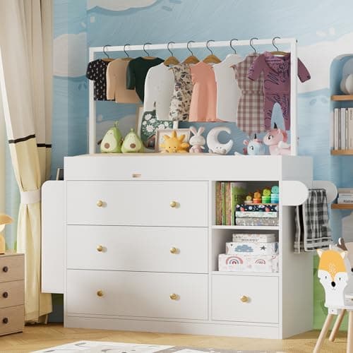 CASANOOKK Modern Changing Table Dresser,Baby Dressing Table with 4 Drawers and Storage Shelves,Multi-Functional Baby Changing Table with Drying Rack for Nursery, White 7