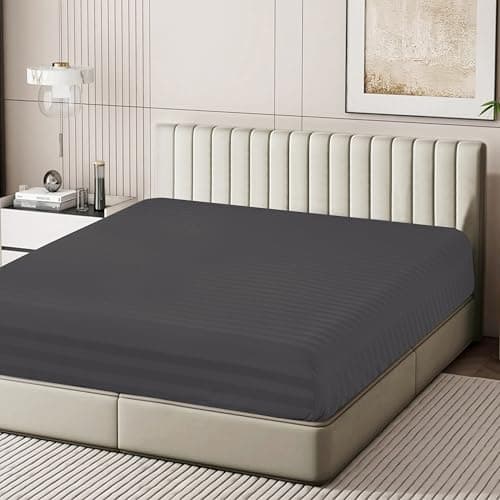 100% Egyptian Cotton Fitted Sheet Twin Size Only, 600 Thread Count, 8"-16" Deep Pocket Sateen Weave Bottom Sheet, Soft Breathable Hotel Quality, Foot Side Indicator (Twin, Striped Dark Grey)