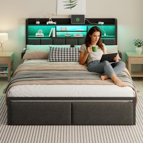Furnulem Queen Bed Frame with Storage Drawers, Upholstered Headboard with LED Light & Charging Station, Metal Platform Bed Frame Queen Size, Noise Free, No Box Spring Needed, Black (1200 lbs Capacity) 9