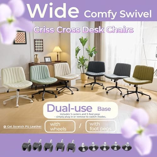 VINGLI Criss Cross Legged Chair,Wide Comfy Office Desk Chair,Dual-Use with/no Wheels Computer Task Chair,Swivel Armless Vanity Rolling Chair for Study,Make Up,Home Office,Cat Scratch PU,Avocado Green 9