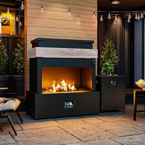 Gardenbee 35'' Outdoor Propane Fireplace with Tank Storage, 50,000 BTU Outdoor Gas Fire Pit with CSA Certified, Adjustable Flame, Dust Cover, Smokeless Ceramic Wood for Patio, Garden, Deck, Gray/Tan
