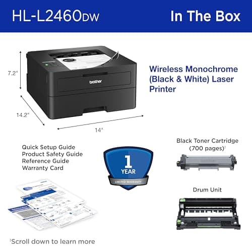Brother HL-L2460DW Wireless Compact Monochrome Laser Printer with Duplex, Mobile Printing, Black & White Output | Includes Refresh Subscription Trial(1), Works with Alexa 7